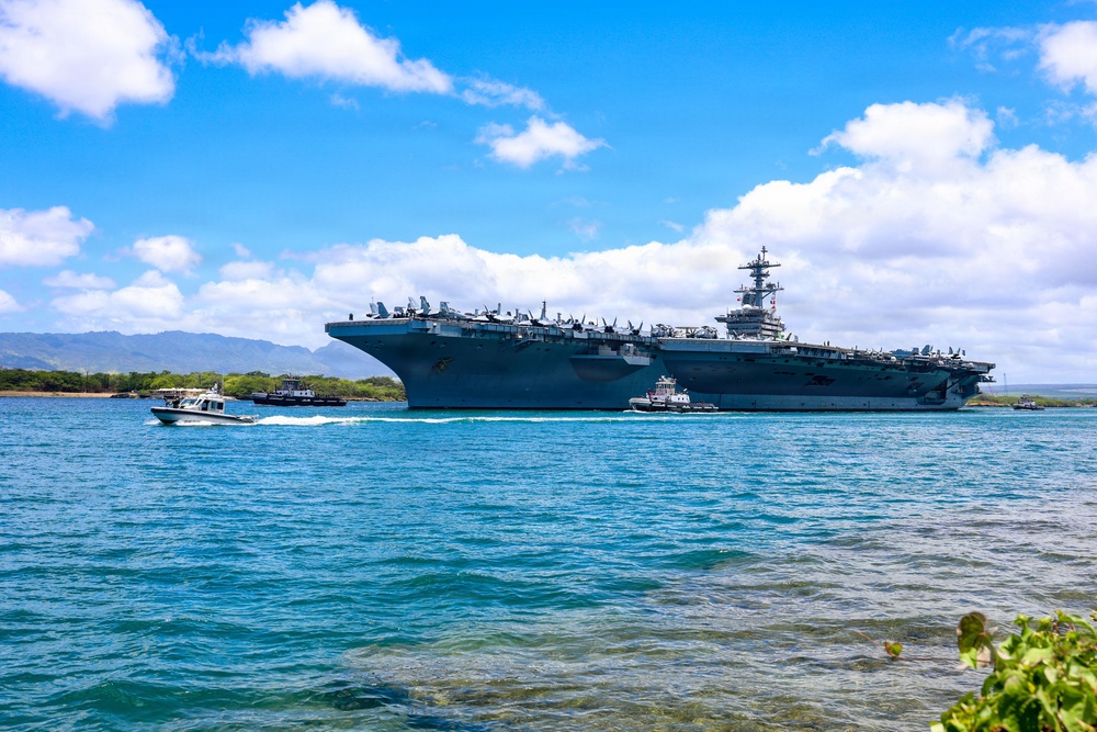U.S.S. Theodore Roosevelt departs Pearl Harbor during RIMPAC 2026