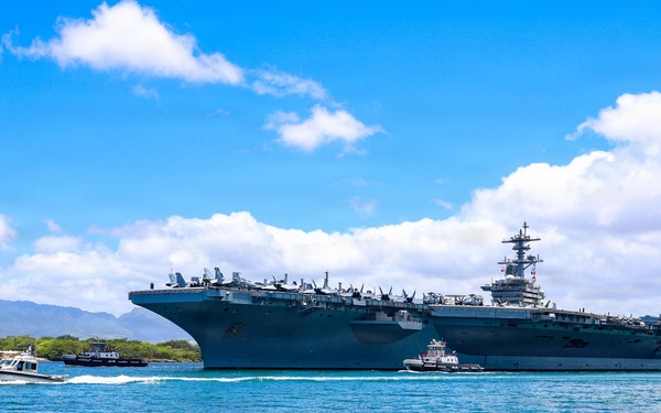 U.S.S. Theodore Roosevelt departs Pearl Harbor during RIMPAC 2026