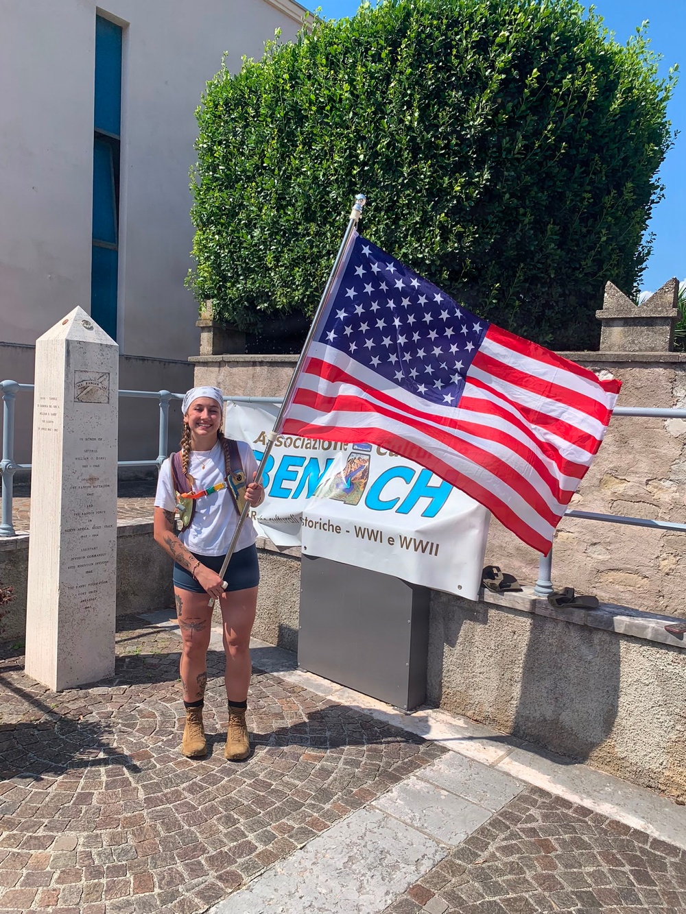 U.S. Army Pfc. Malenah Worden, animal care specialist at Veterinary Medical Center Europe, after conquering the 40-mile trek in Trobole, Italy.