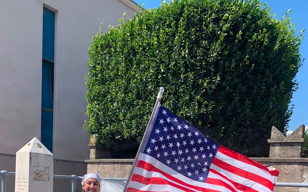 U.S. Army Pfc. Malenah Worden, animal care specialist at Veterinary Medical Center Europe, after conquering the 40-mile trek in Trobole, Italy.