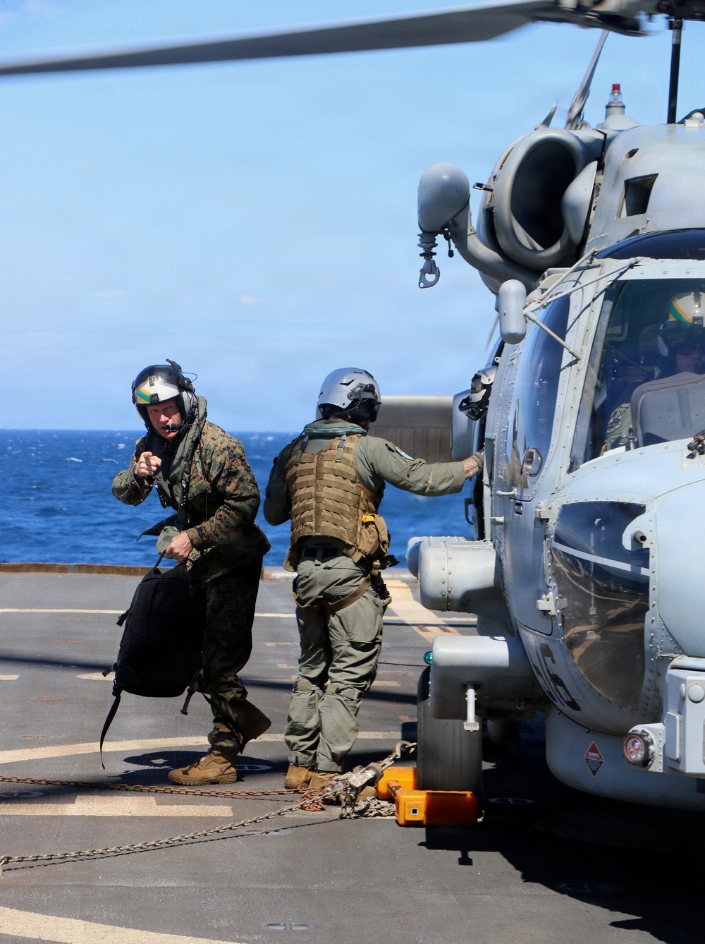 U.S. Marine Corps Maj. Gen. John Jarrard lands aboard the littoral combat ship USS Billings (LCS 15) while operating in the Caribbean Sea off the coast of Venezuela, July 7, 2026.