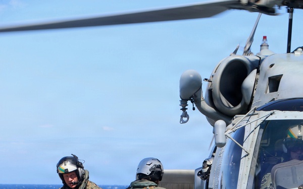 U.S. Marine Corps Maj. Gen. John Jarrard lands aboard the littoral combat ship USS Billings (LCS 15) while operating in the Caribbean Sea off the coast of Venezuela, July 7, 2026.