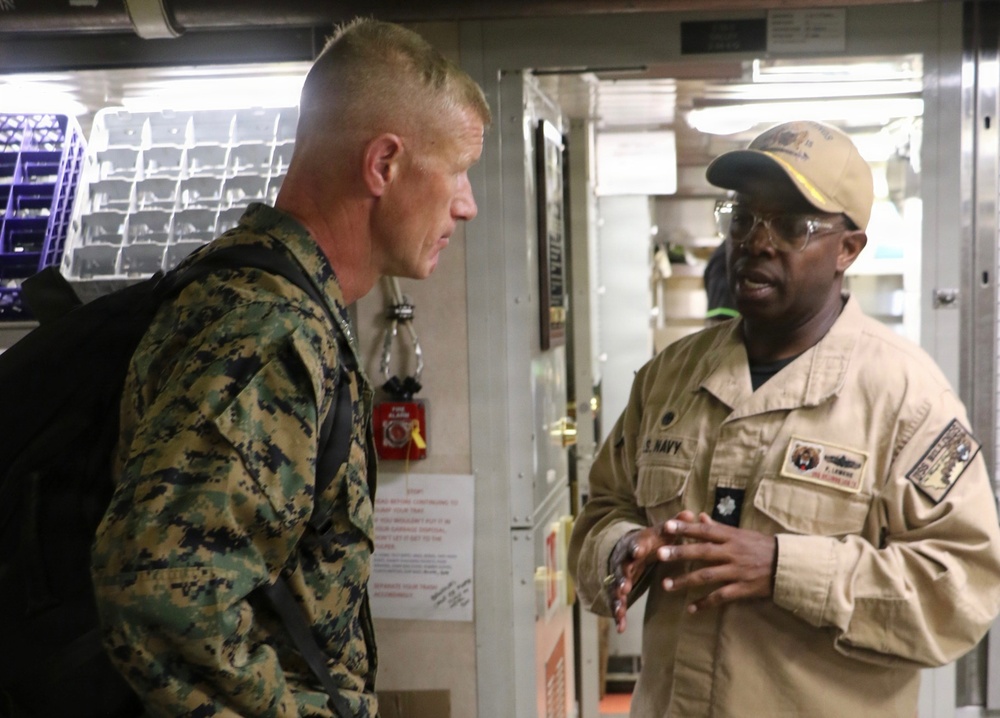 U.S. Marine Corps Maj. Gen. John Jarrard talks with U.S. Sailors aboard the littoral combat ship USS Billings (LCS 15) while operating in the Caribbean Sea off the coast of Venezuela, July 7, 2026.