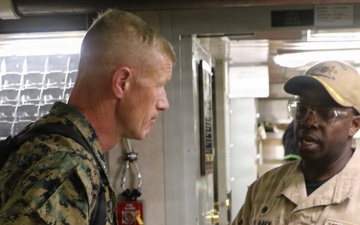 U.S. Marine Corps Maj. Gen. John Jarrard talks with U.S. Sailors aboard the littoral combat ship USS Billings (LCS 15) while operating in the Caribbean Sea off the coast of Venezuela, July 7, 2026.