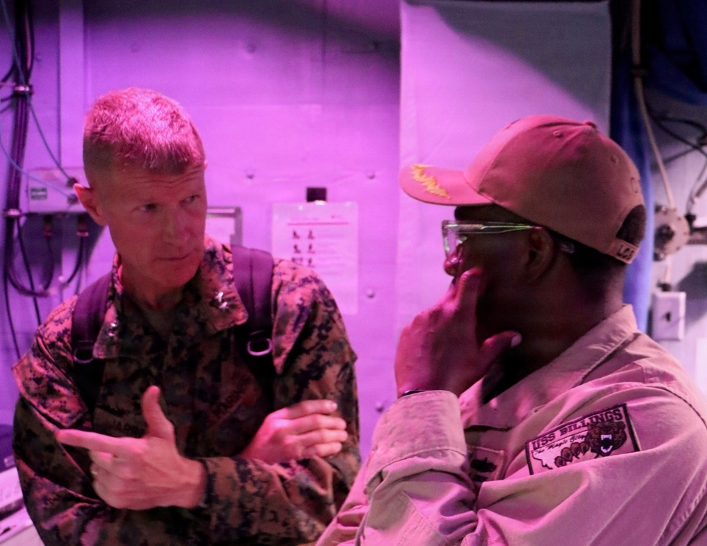 U.S. Marine Corps Maj. Gen. John Jarrard talks with U.S. Sailors aboard the littoral combat ship USS Billings (LCS 15) while operating in the Caribbean Sea off the coast of Venezuela, July 7, 2026.