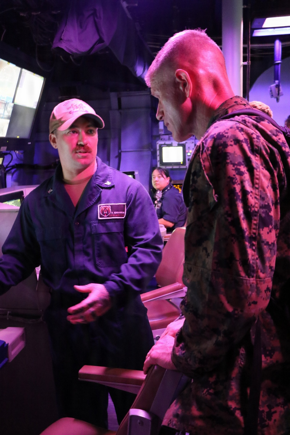 U.S. Marine Corps Maj. Gen. John Jarrard talks with U.S. Sailors aboard the littoral combat ship USS Billings (LCS 15) while operating in the Caribbean Sea off the coast of Venezuela, July 7, 2026.