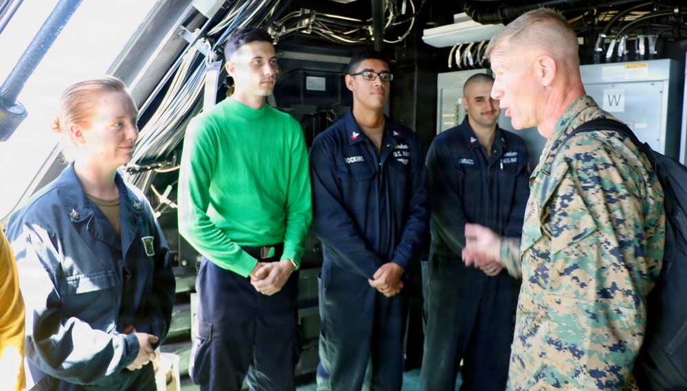 U.S. Marine Corps Maj. Gen. John Jarrard talks with U.S. Sailors aboard the littoral combat ship USS Billings (LCS 15) while operating in the Caribbean Sea off the coast of Venezuela, July 7, 2026.