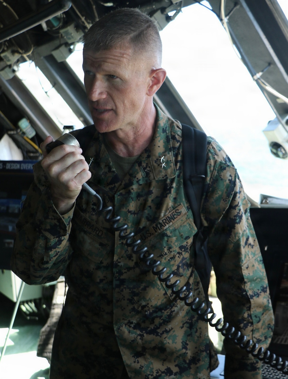 U.S. Marine Corps Maj. Gen. John Jarrard addresses crew of the littoral combat ship USS Billings (LCS 15) over the 1 Main Circuit (1MC) while operating in the Caribbean Sea off the coast of Venezuela, July 7, 2026.