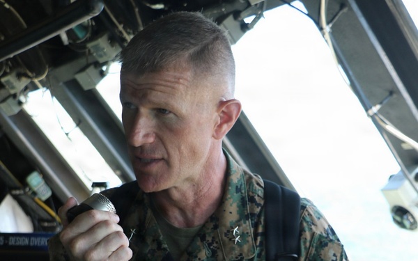 U.S. Marine Corps Maj. Gen. John Jarrard addresses crew of the littoral combat ship USS Billings (LCS 15) over the 1 Main Circuit (1MC) while operating in the Caribbean Sea off the coast of Venezuela, July 7, 2026.