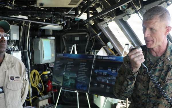U.S. Marine Corps Maj. Gen. John Jarrard addresses crew of the littoral combat ship USS Billings (LCS 15) over the 1 Main Circuit (1MC) while operating in the Caribbean Sea off the coast of Venezuela, July 7, 2026.
