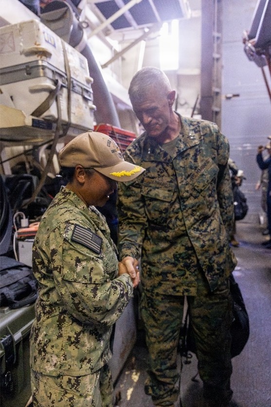 U.S. Marine Corps Maj. Gen. Kevin Jarrard, the senior U.S. Southern Command (USSOUTHCOM) official in support of Venezuela earthquake relief efforts, is welcomed aboard Arleigh Burke-class destroyer USS Gridley (DDG 101).