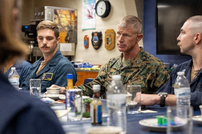 U.S. Marine Corps Maj. Gen. Kevin Jarrard, the senior U.S. Southern Command (USSOUTHCOM) official in support of Venezuela earthquake relief efforts, addresses the wardroom of Arleigh Burke-class destroyer USS Gridley.
