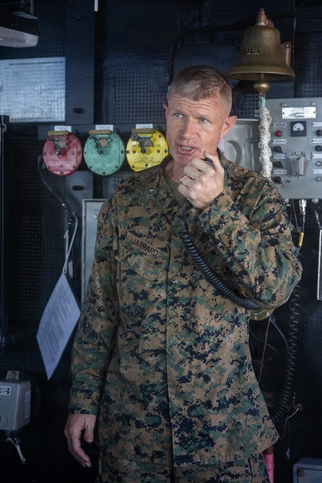 U.S. Marine Corps Maj. Gen. Kevin Jarrard, the senior U.S. Southern Command (USSOUTHCOM) official in support of Venezuela earthquake relief efforts, addresses the crew.
