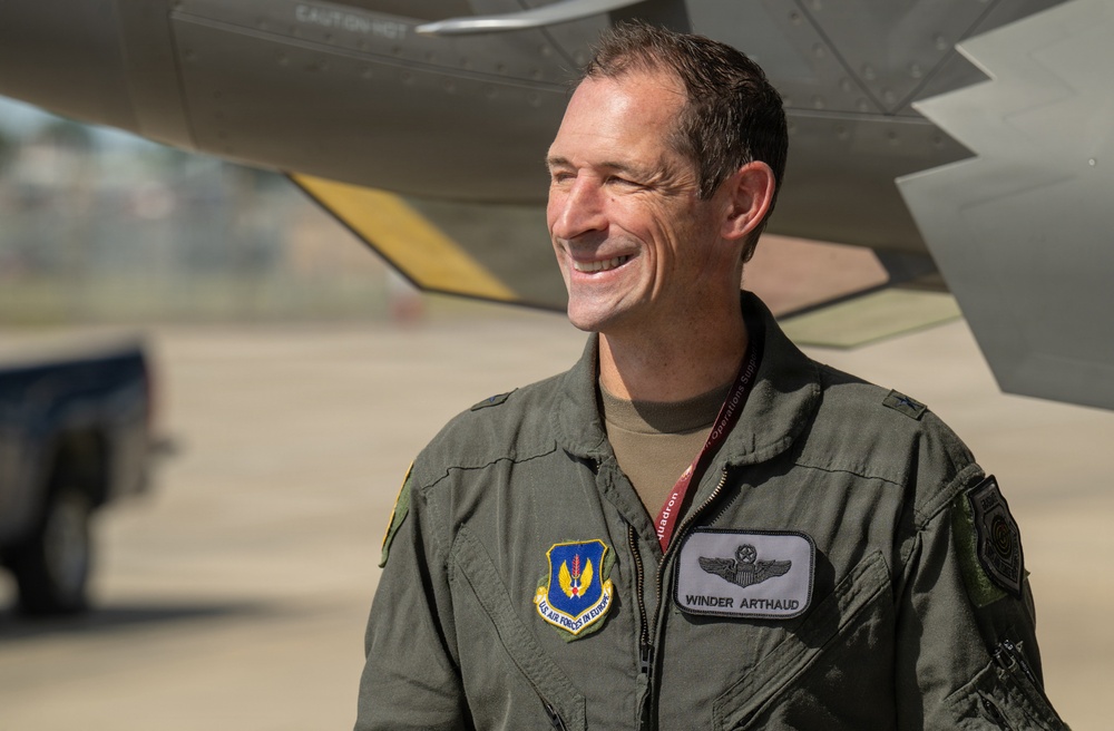 Brig. Gen. Jack Arthaud celebrates fini flight at RAF Lakenheath