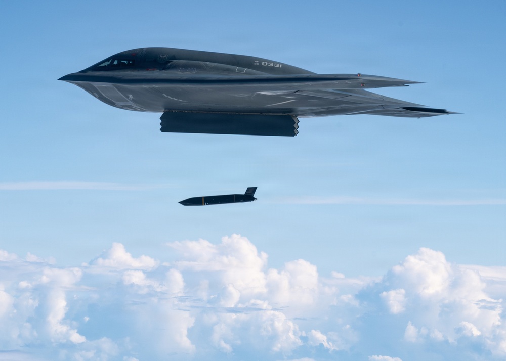 A U.S. Air Force B-2 Stealth Bomber deploys an AGM-158C Long Range Anti-Ship Missile to support Valiant Shield 2026