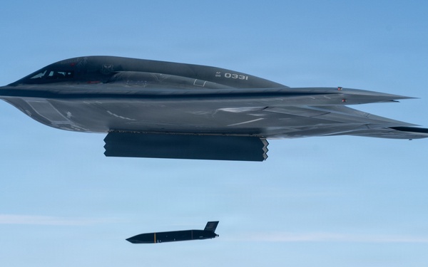 A U.S. Air Force B-2 Stealth Bomber deploys an AGM-158C Long Range Anti-Ship Missile to support Valiant Shield 2026