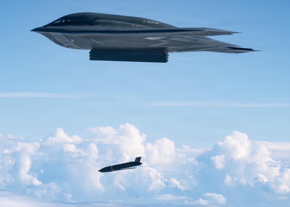 A U.S. Air Force B-2 Stealth Bomber deploys an AGM-158C Long Range Anti-Ship Missile to support Valiant Shield 2026