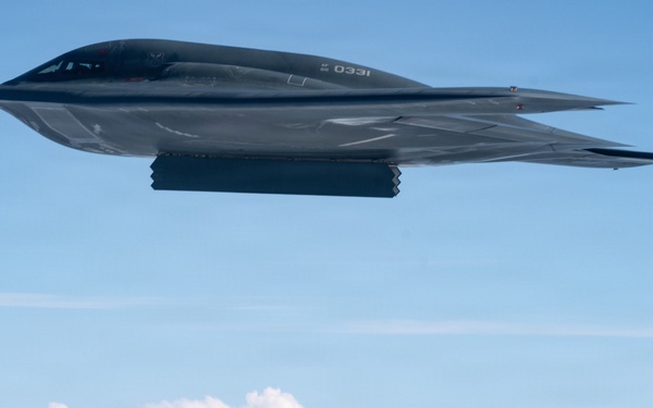 A U.S. Air Force B-2 Stealth Bomber deploys an AGM-158C Long Range Anti-Ship Missile to support Valiant Shield 2026