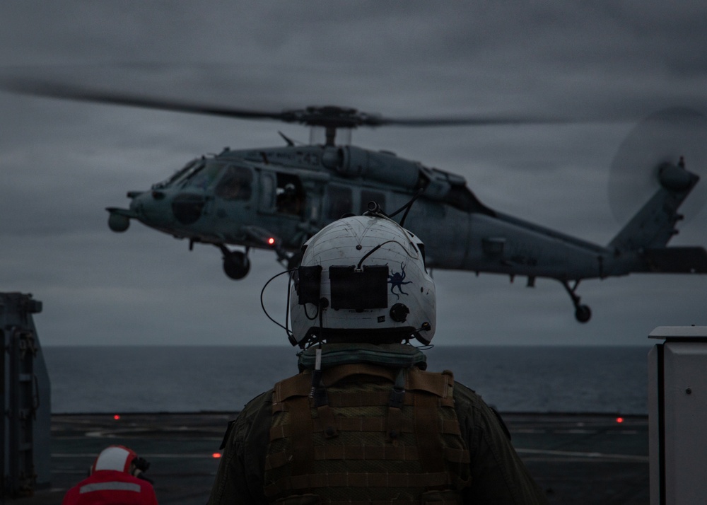 USS Mount Whitney Conducts Night Flight Ops
