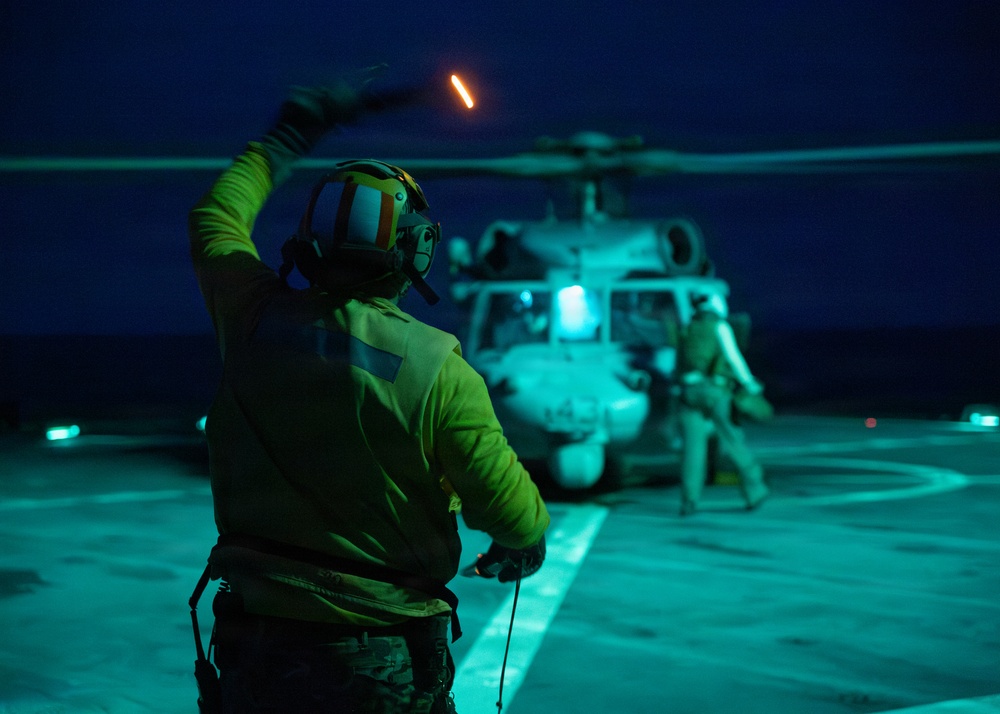 USS Mount Whitney Conducts Night Flight Ops