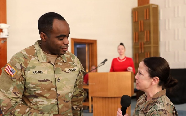 U.S. Army Sgt. 1st Class Harris receives recognition during military ceremony