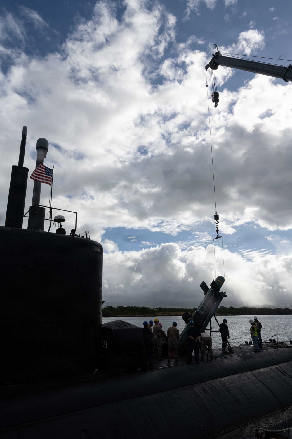 USS Columbia (SSN 771) conducts Harpoon missile onload in support of RIMPAC