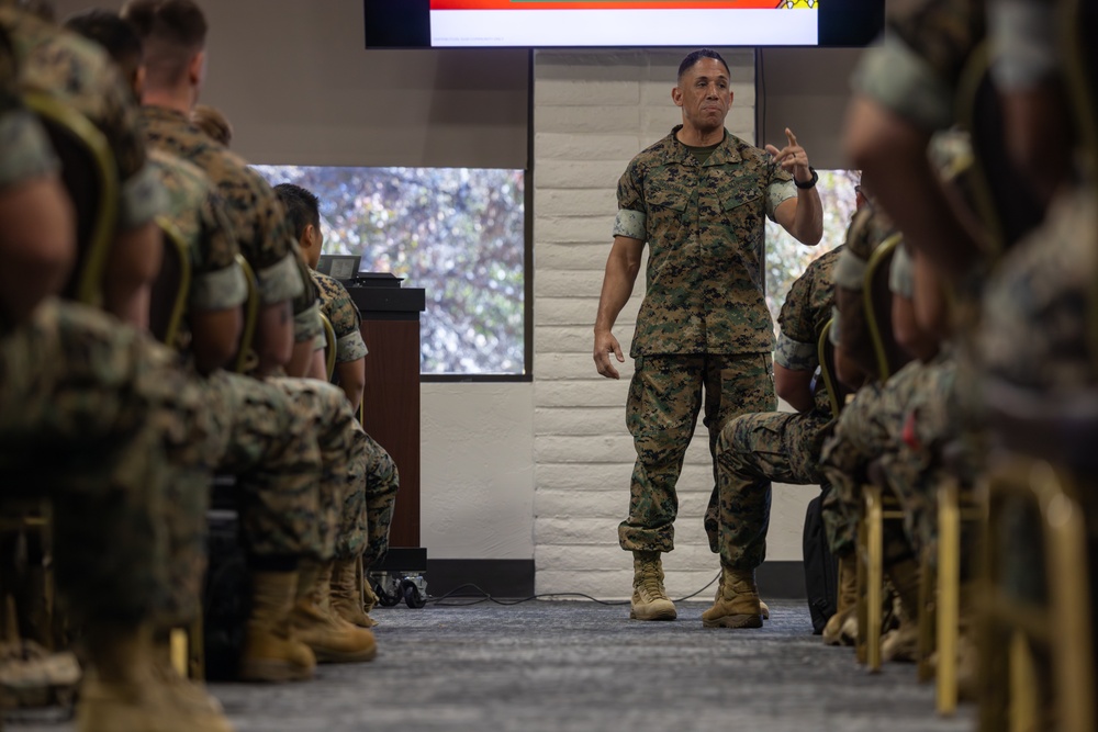 1st MLG senior leaders speak to staff and officers during a small unit leader training