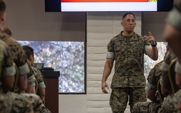 1st MLG senior leaders speak to staff and officers during a small unit leader training