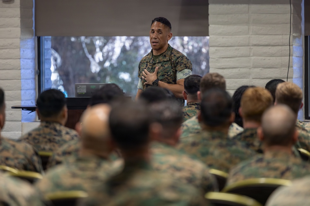 1st MLG senior leaders speak to staff and officers during a small unit leader training