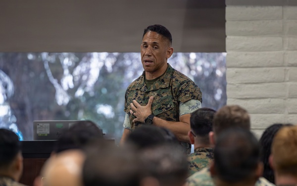 1st MLG senior leaders speak to staff and officers during a small unit leader training