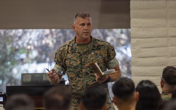 1st MLG senior leaders speak to staff and officers during a small unit leader training
