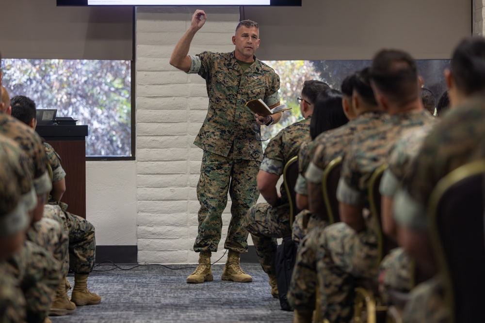 1st MLG senior leaders speak to staff and officers during a small unit leader training