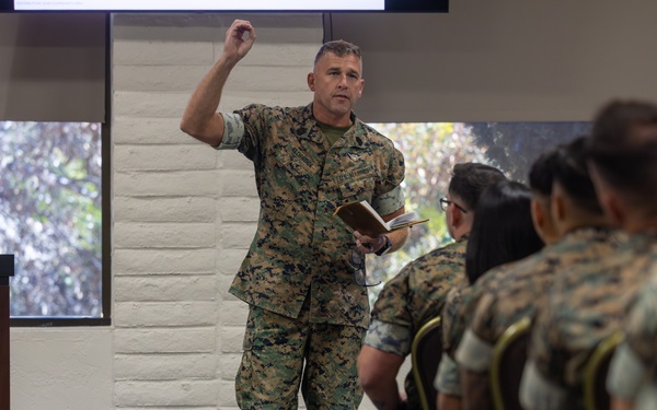 1st MLG senior leaders speak to staff and officers during a small unit leader training