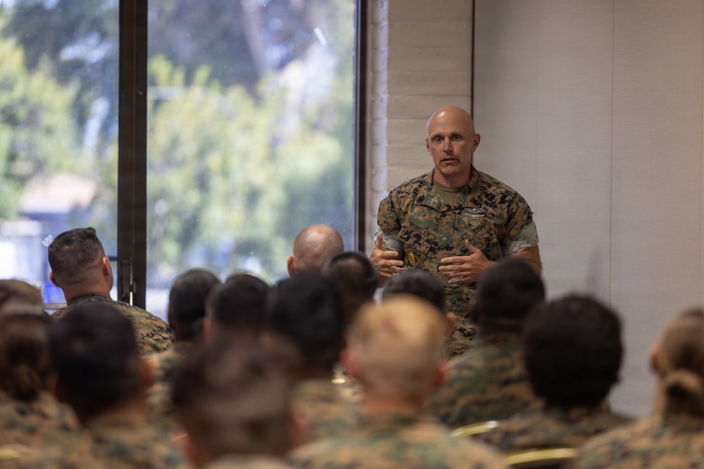 1st MLG senior leaders speak to staff and officers during a small unit leader training