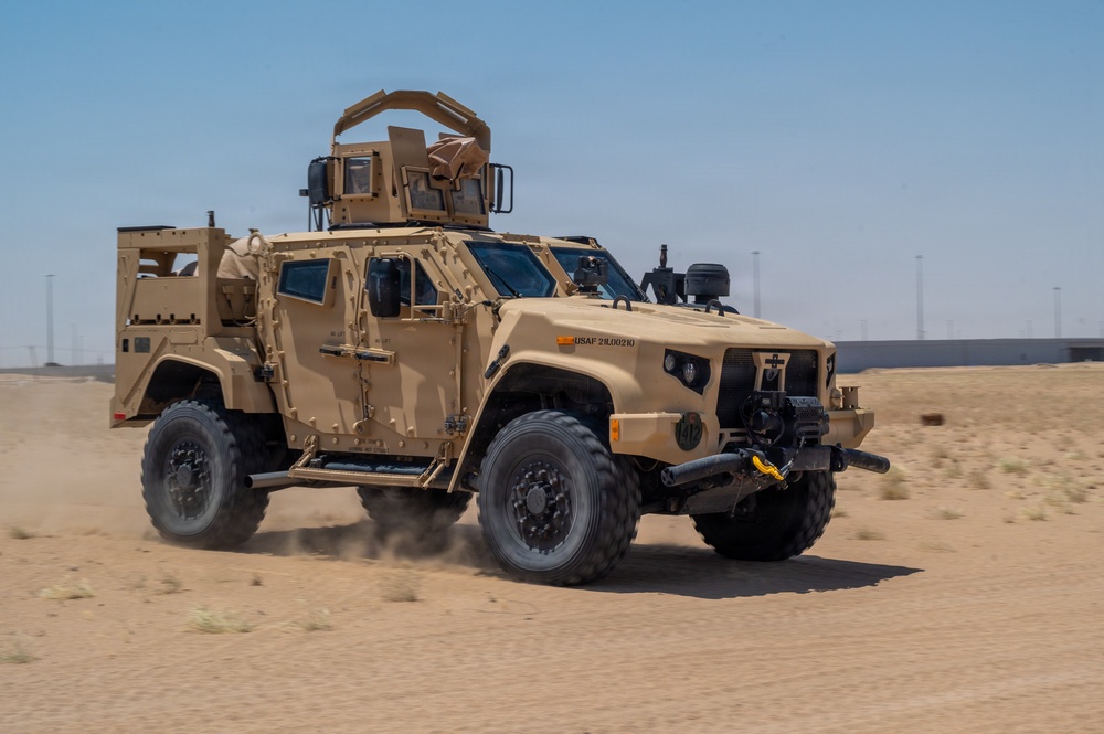 Security Forces airmen conduct routine patrol in the USCENTCOM