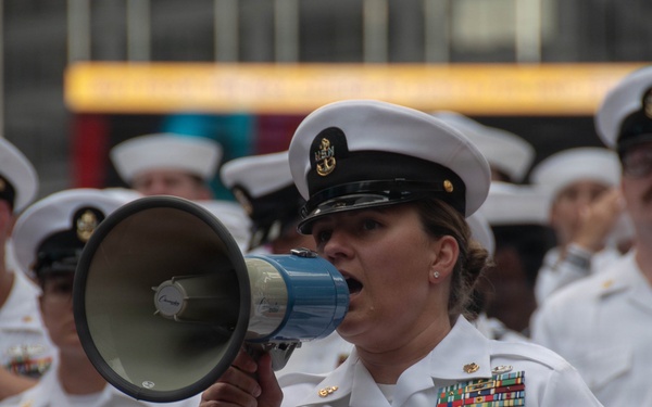 Service members gather at Times Square Red Steps for Sail 250