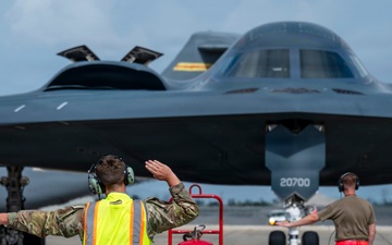 Two B-2 Spirits hot-pit at Joint Base Pearl Harbor-Hickam during BTF deployment