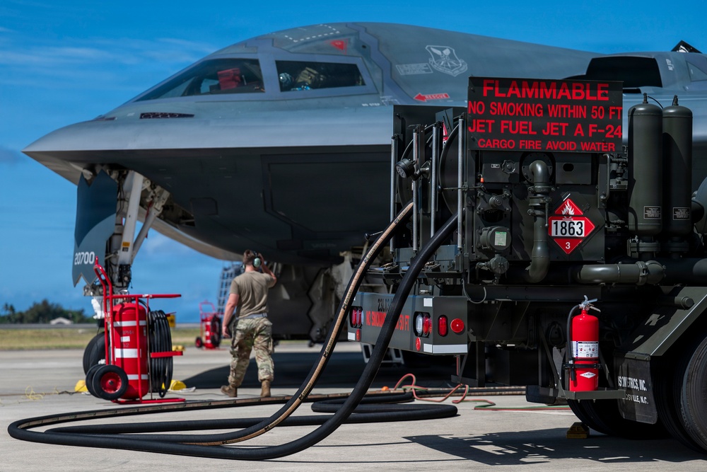 Two B-2 Spirits hot-pit at Joint Base Pearl Harbor-Hickam during BTF deployment