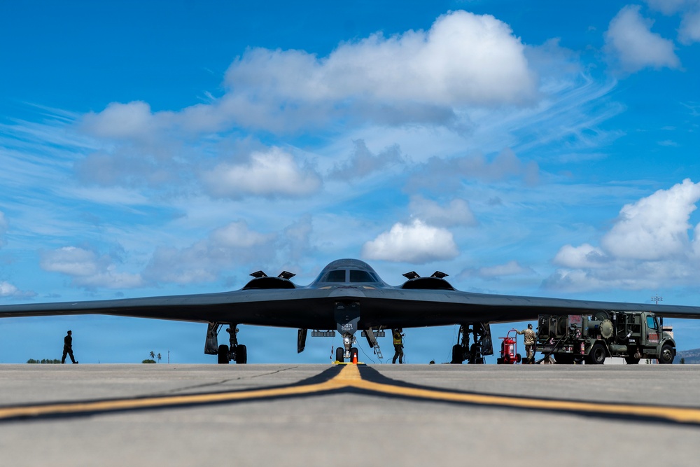 Two B-2 Spirits hot-pit at Joint Base Pearl Harbor-Hickam during BTF deployment