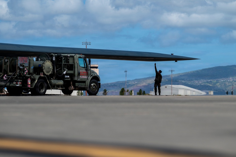 Two B-2 Spirits hot-pit at Joint Base Pearl Harbor-Hickam during BTF deployment