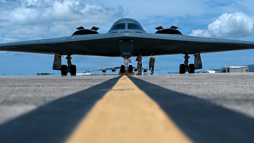 Two B-2 Spirits hot-pit at Joint Base Pearl Harbor-Hickam during BTF deployment