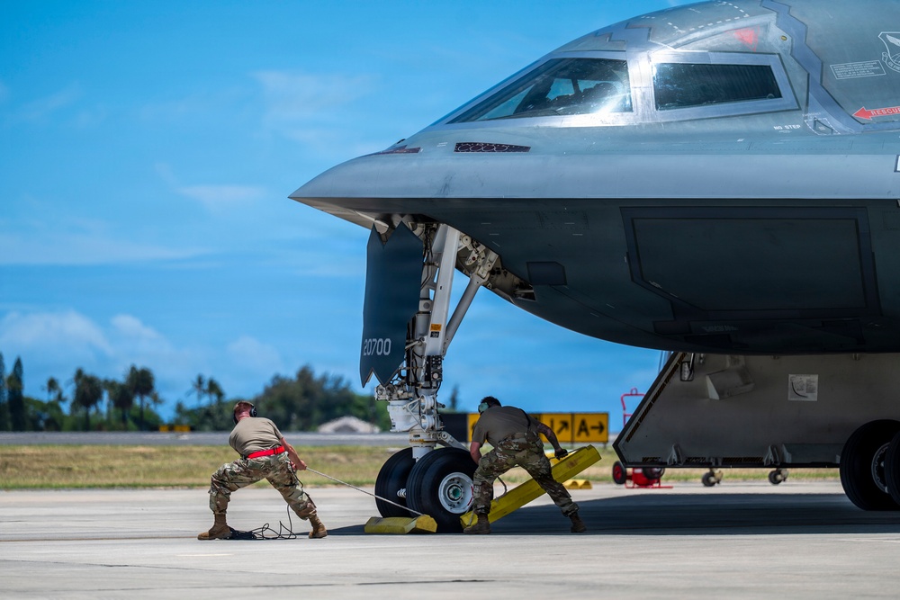 Two B-2 Spirits hot-pit at Joint Base Pearl Harbor-Hickam during BTF deployment