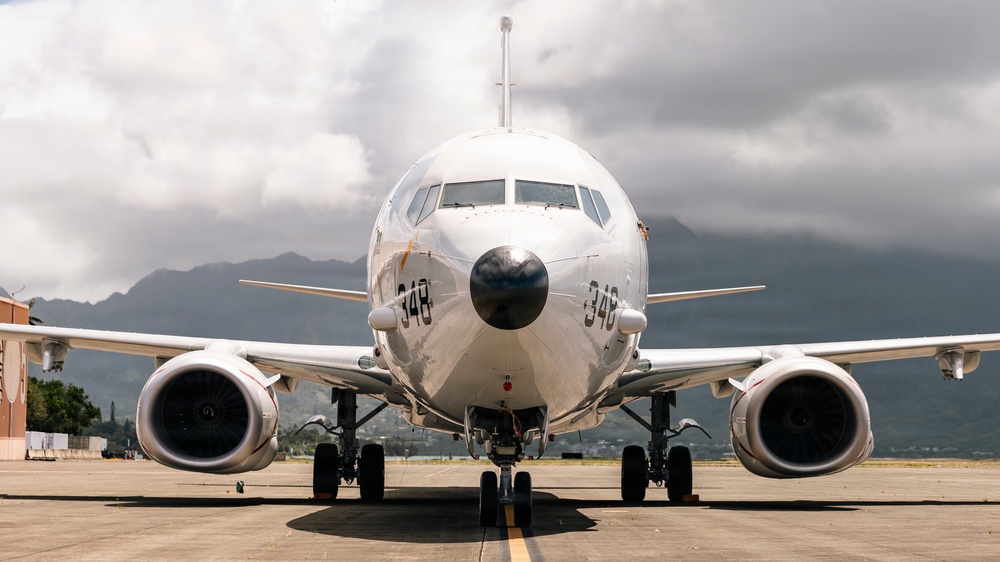 A United States Navy P-8 Poseidon Maritime Patrol Aircraft departs Kaneohe Bay in support of Ex RIMPAC 26.