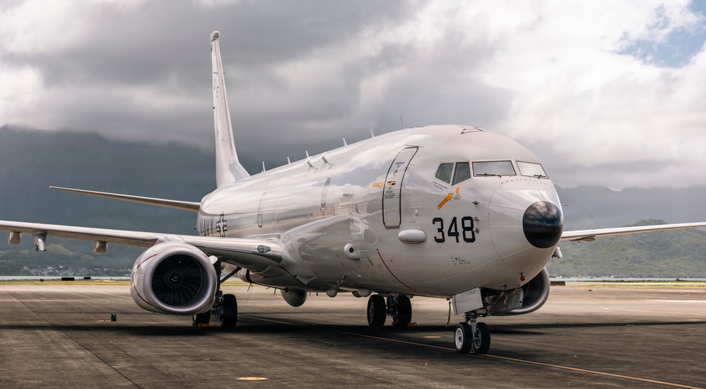 A United States Navy P-8 Poseidon Maritime Patrol Aircraft departs Kaneohe Bay in support of Ex RIMPAC 26.