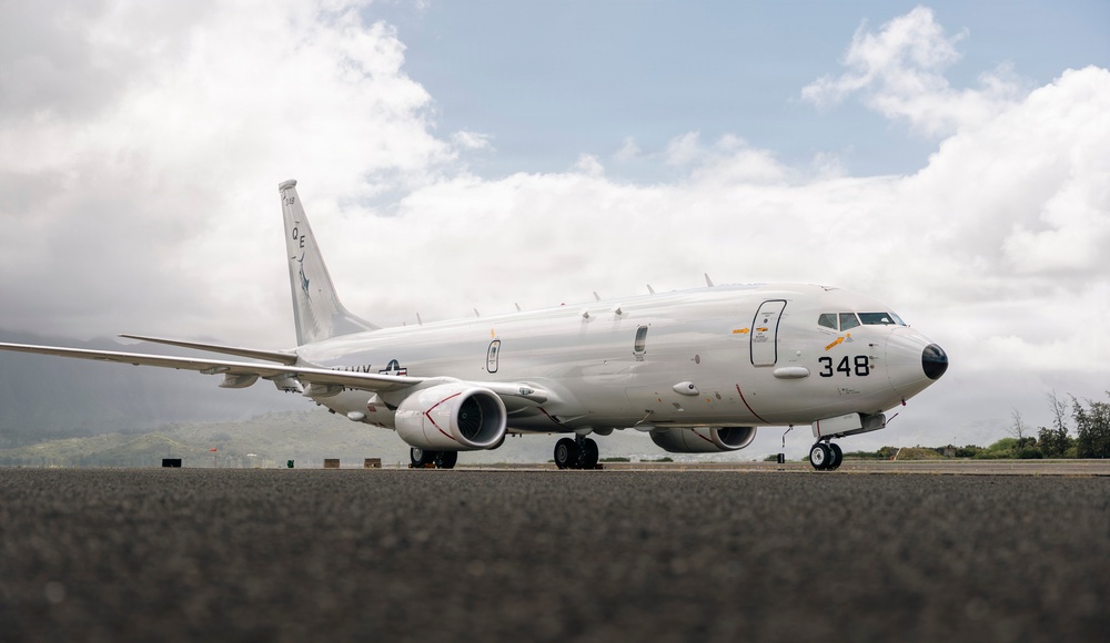 A United States Navy P-8 Poseidon Maritime Patrol Aircraft departs Kaneohe Bay in support of Ex RIMPAC 26.