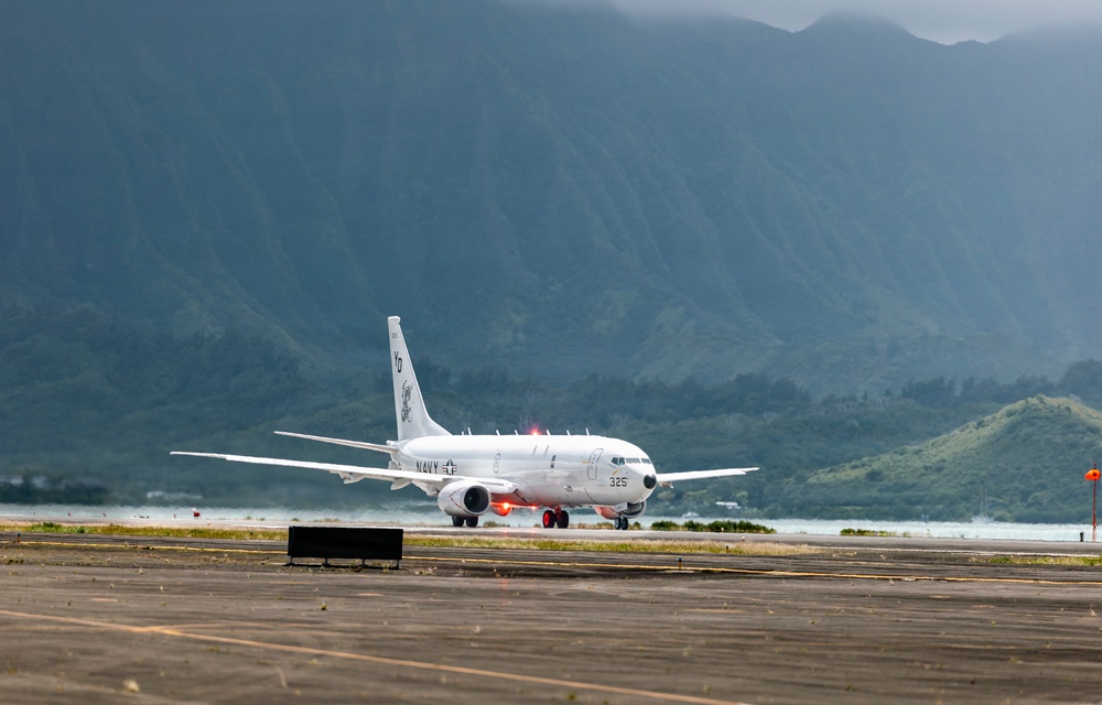 A United States Navy P-8 Poseidon Maritime Patrol Aircraft departs Kaneohe Bay in support of Ex RIMPAC 26.