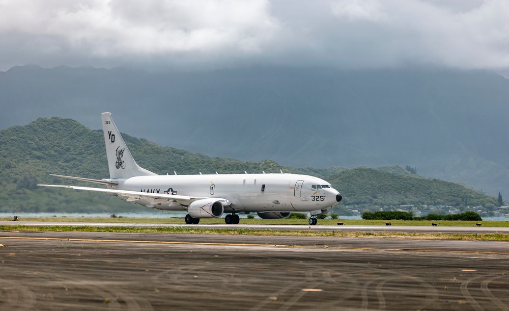 A United States Navy P-8 Poseidon Maritime Patrol Aircraft departs Kaneohe Bay in support of Ex RIMPAC 26.
