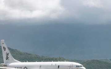 A United States Navy P-8 Poseidon Maritime Patrol Aircraft departs Kaneohe Bay in support of Ex RIMPAC 26.