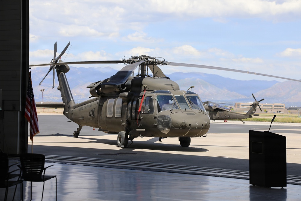 U.S. Army UH-60 Black Hawk helicopter on display during ceremony at mountain-region military airfield