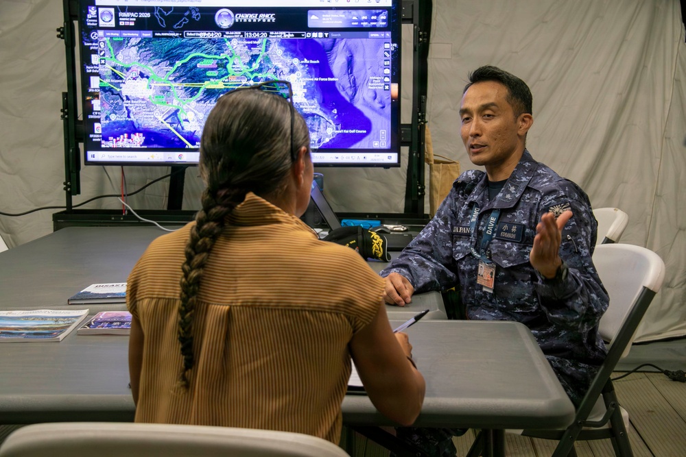 U.S. Marine Corps Maj. Serena Simeoli conducts a simulated media interview during RIMPAC 2026